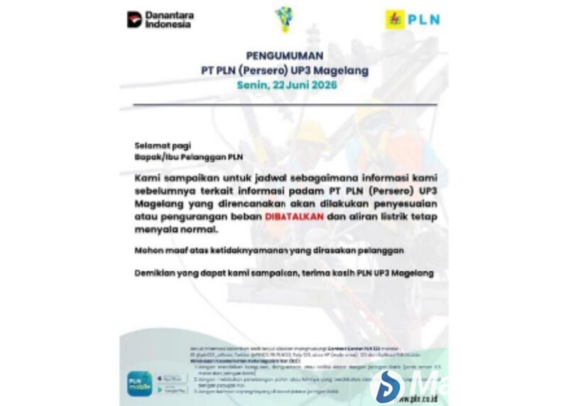 Pengumuman pembatalan pemadaman listrik di wilayah Purworejo.